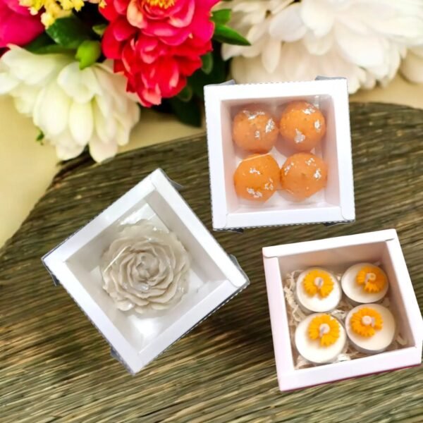 3.4×3.4×1.6 inch peony box | 4 Laddu candle box | 4 Bubble candle box | 35 mm 4 T-light box | Multipurpose Box