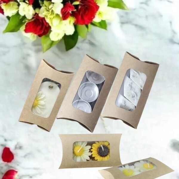 13.5 × 7.75 cm pillow box (uses space 11.5 × 7.75cm) | Pillow big wax sachet candle box | Three T-light candles box | Two Daisy candle box | Two sunflower candle box